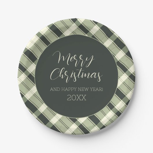 Vrolijk Kerstfeest Olive Green Plaid Script Rustie Papieren Bordje (Voorkant)