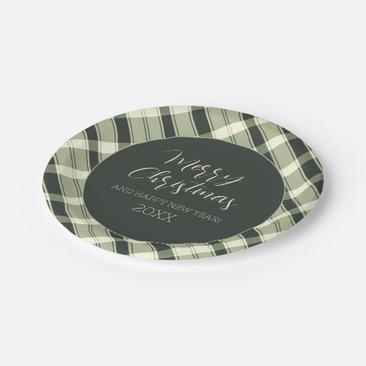 Vrolijk Kerstfeest Olive Green Plaid Script Rustie Papieren Bordje (Gekanteld)