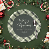 Vrolijk Kerstfeest Olive Green Plaid Script Rustie Papieren Bordje