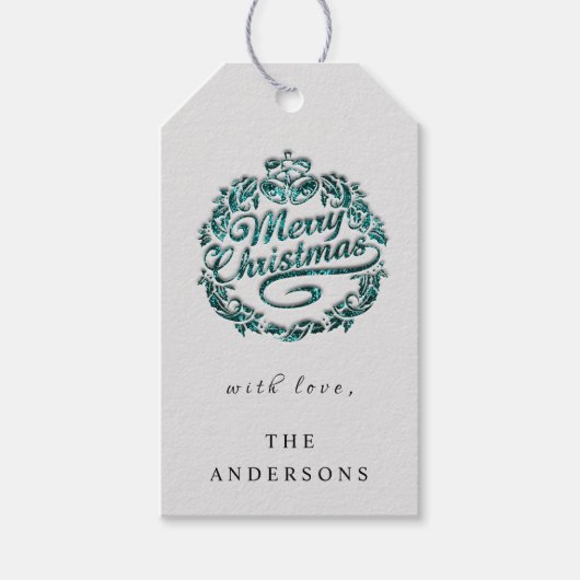 Vrolijk kerstfeest om Blauwgroen schalen grijs te  Cadeaulabel (Voorkant)