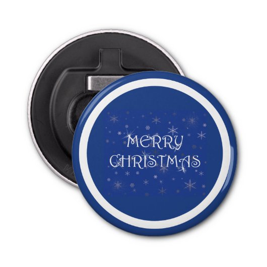 Vrolijk kerstfeest op blauw met sneeuwvlokken button flesopener (Voorkant)