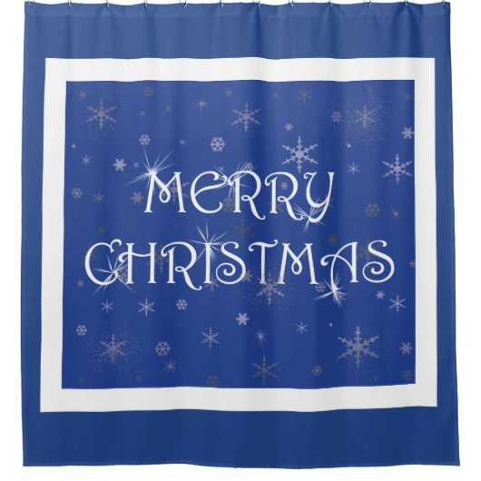 Vrolijk kerstfeest op blauw met sneeuwvlokken douchegordijn (Voorkant)