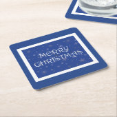 Vrolijk kerstfeest op blauw met sneeuwvlokken kartonnen onderzetters (Schuin)