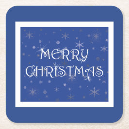 Vrolijk kerstfeest op blauw met sneeuwvlokken kartonnen onderzetters