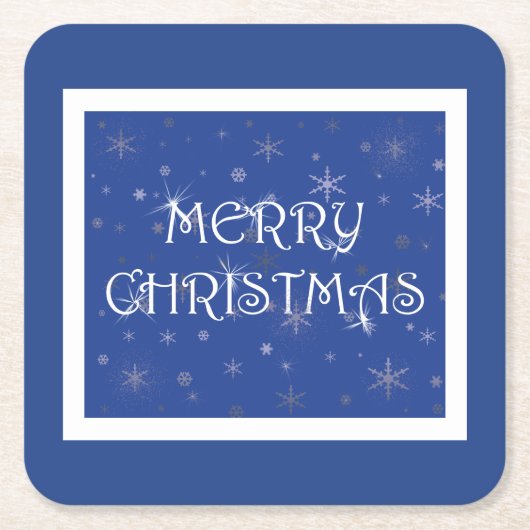 Vrolijk kerstfeest op blauw met sneeuwvlokken kartonnen onderzetters (Voorkant)