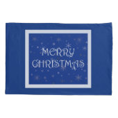 Vrolijk kerstfeest op blauw met sneeuwvlokken kussensloop (Achterkant-Links)