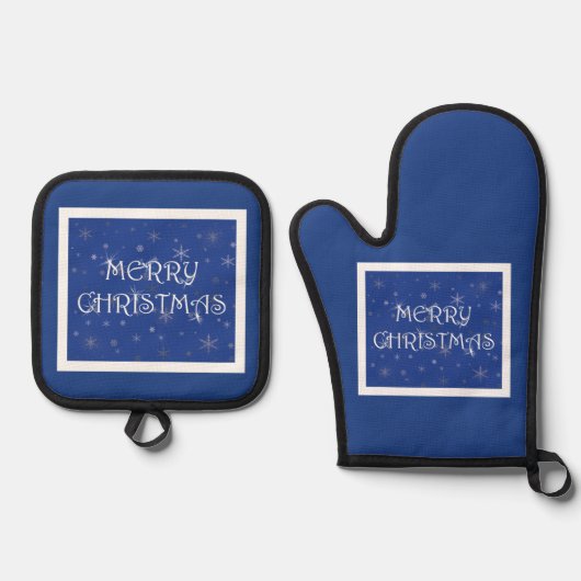Vrolijk kerstfeest op blauw met sneeuwvlokken ovenwant & pannenlap set (Voorkant)