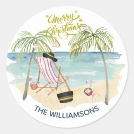 Vrolijk kerstfeest op naam van de familie Beach Ronde Sticker