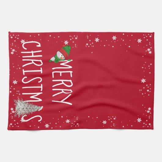Vrolijk kerstfeest op rood theedoek (Horizontaal)