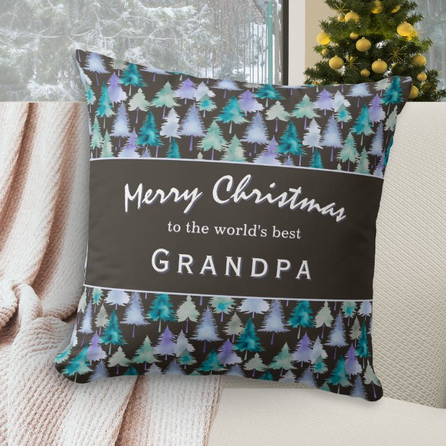 Vrolijk Kerstfeest Opa Waterverf Boombomen Kussen (A pillow for the 'world's best Grandpa', with rustic pine trees design and 'Merry Christmas' wishes)