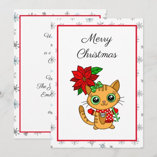 Vrolijk kerstfeest | Oranje Kat met Poinsettia (Voorkant / Achterkant)