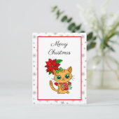 Vrolijk kerstfeest | Oranje Kat met Poinsettia Briefkaart (Staand voorkant)