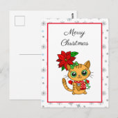 Vrolijk kerstfeest | Oranje Kat met Poinsettia Briefkaart (Voorkant / Achterkant)