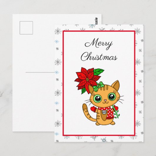 Vrolijk kerstfeest | Oranje Kat met Poinsettia Briefkaart (Voorkant / Achterkant)