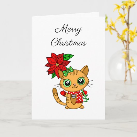 Vrolijk kerstfeest | Oranje Kat met Poinsettia Kaart (Gele Bloem)