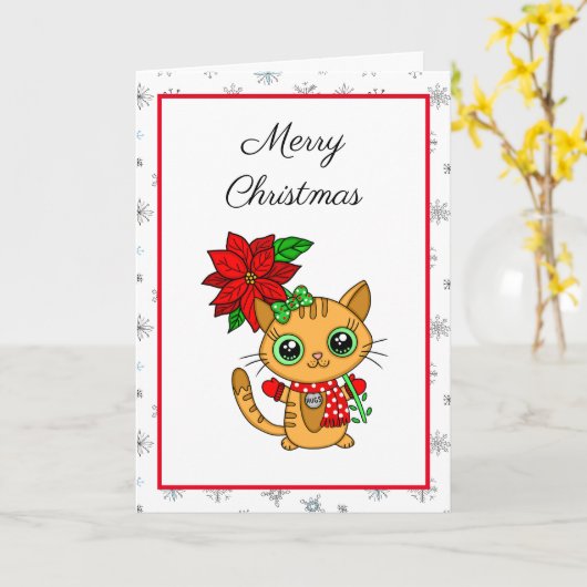 Vrolijk kerstfeest | Oranje Kat met Poinsettia Kaart (Gele Bloem)