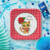 Vrolijk kerstfeest | Oranje Kat met Poinsettia Papieren Bordje (Feest)