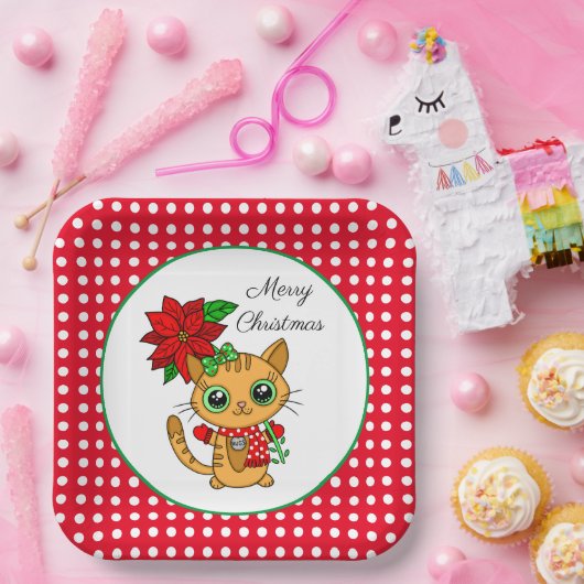 Vrolijk kerstfeest | Oranje Kat met Poinsettia Papieren Bordje (Feest)