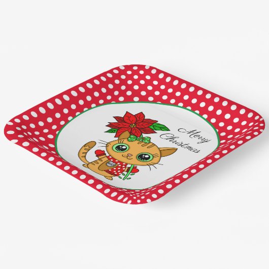 Vrolijk kerstfeest | Oranje Kat met Poinsettia Papieren Bordje (Gebogen)