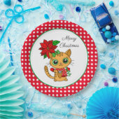 Vrolijk kerstfeest | Oranje Kat met Poinsettia Papieren Bordje (Feest)