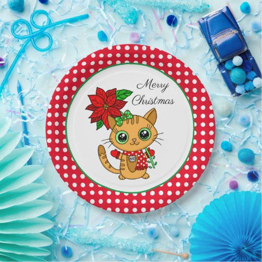 Vrolijk kerstfeest | Oranje Kat met Poinsettia Papieren Bordje (Feest)
