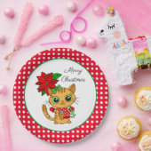 Vrolijk kerstfeest | Oranje Kat met Poinsettia Papieren Bordje (Feest)