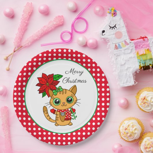 Vrolijk kerstfeest | Oranje Kat met Poinsettia Papieren Bordje (Feest)