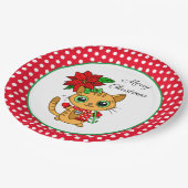 Vrolijk kerstfeest | Oranje Kat met Poinsettia Papieren Bordje (Gekanteld)