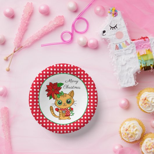 Vrolijk kerstfeest | Oranje Kat met Poinsettia Papieren Kommen (Feest)