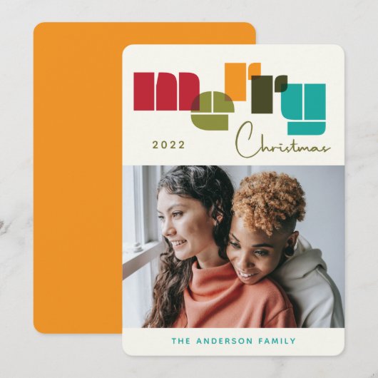 Vrolijk kerstfeest Oranje Typografie Foto Feestdagenkaart (Voorkant / Achterkant)