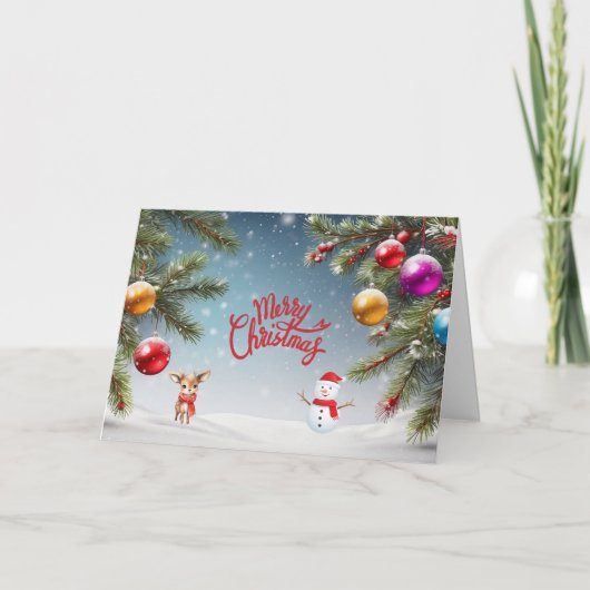 Vrolijk kerstfeest Ornamenten, sneeuwman, rendiere Feestdagen Kaart (Voorkant)