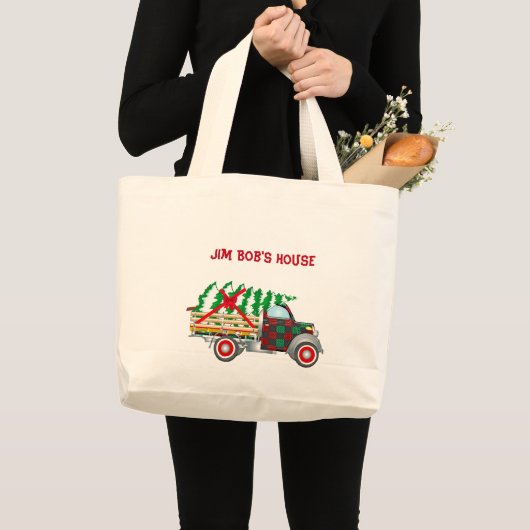 Vrolijk Kerstfeest Oude vrachtwagen en kerstboom Grote Tote Bag (Voorkant (product))