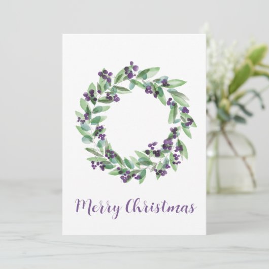 Vrolijk kerstfeest, paarse bessen kerstkrans feestdagenkaart (Staand voorkant)