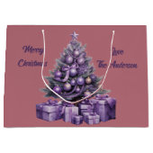 Vrolijk kerstfeest paarse kerstboom groot cadeauzakje (Voorkant)