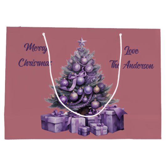 Vrolijk kerstfeest paarse kerstboom groot cadeauzakje (Achterkant)