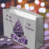 Vrolijk kerstfeest paarse kerstboom groot cadeauzakje