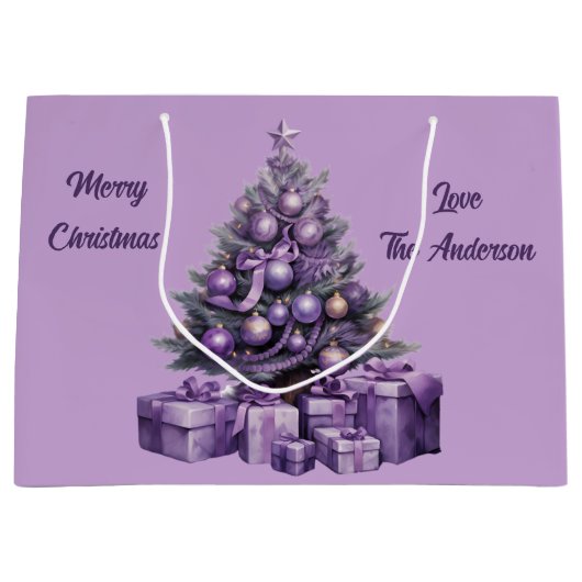 Vrolijk kerstfeest paarse kerstboom groot cadeauzakje (Voorkant)