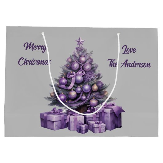 Vrolijk kerstfeest paarse kerstboom groot cadeauzakje (Achterkant)