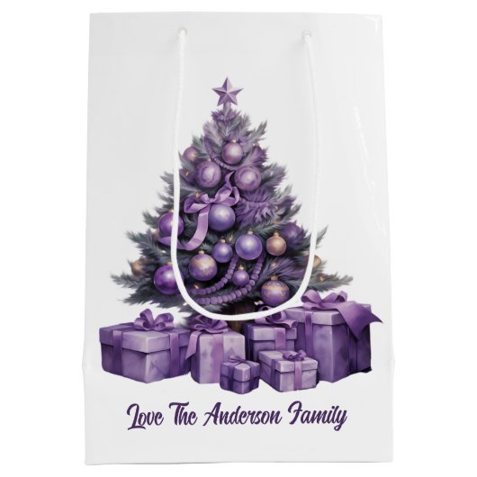 Vrolijk kerstfeest paarse kerstboom medium cadeauzakje (Achterkant)