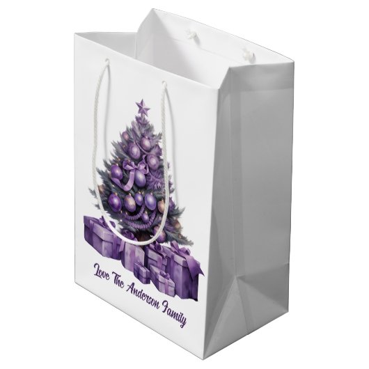 Vrolijk kerstfeest paarse kerstboom medium cadeauzakje (Achterkant Gekanteld)