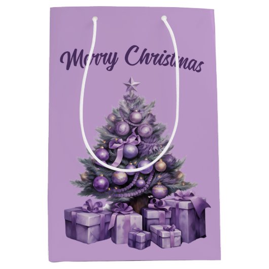 Vrolijk kerstfeest paarse kerstboom medium cadeauzakje (Voorkant)