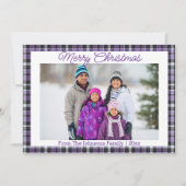 Vrolijk kerstfeest paarse tartan familiefoto feestdagenkaart (Voorkant)