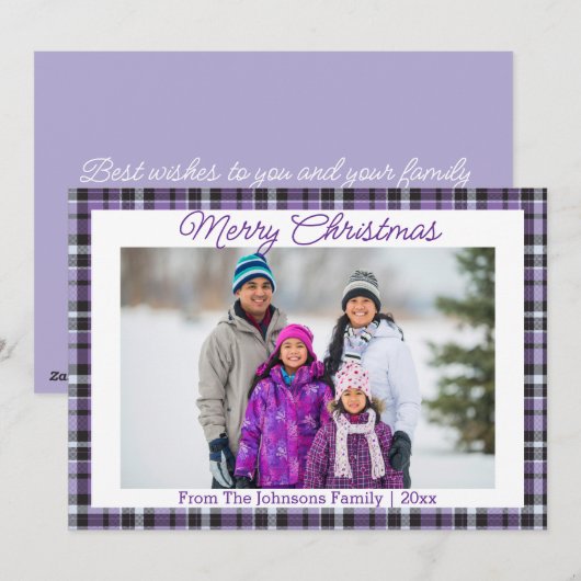Vrolijk kerstfeest paarse tartan familiefoto feestdagenkaart (Voorkant / Achterkant)
