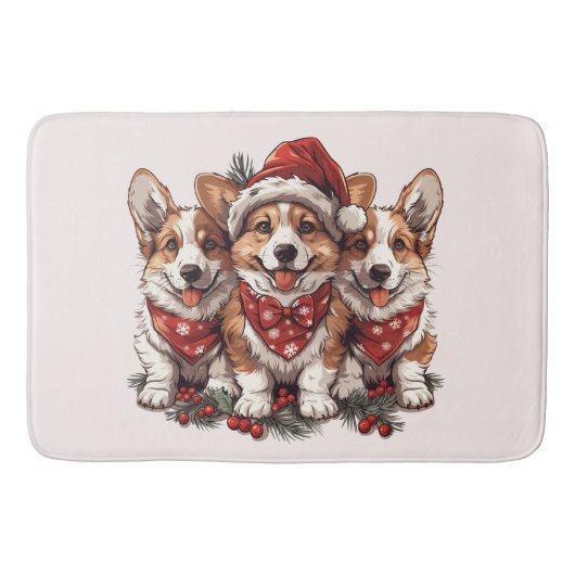 Vrolijk Kerstfeest Pembroke Welsh Corgi Puppies Badmat (Voorkant)