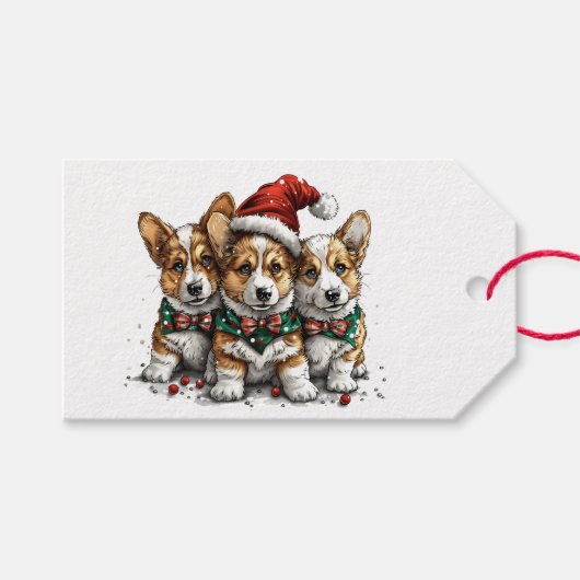 Vrolijk Kerstfeest Pembroke Welsh Corgi Puppies Cadeaulabel (Voorkant (Horizontaal))