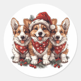 Vrolijk Kerstfeest Pembroke Welsh Corgi Puppies Ronde Sticker