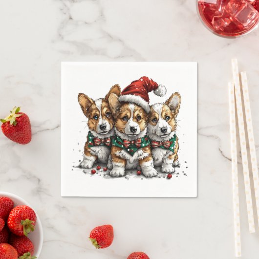 Vrolijk Kerstfeest Pembroke Welsh Corgi Puppies Servet (Insitu)