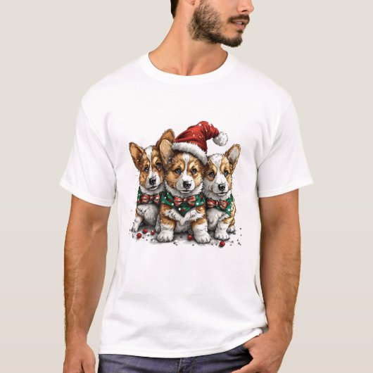 Vrolijk Kerstfeest Pembroke Welsh Corgi Puppies T-shirt (Voorkant)