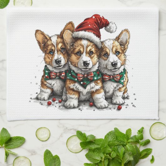 Vrolijk Kerstfeest Pembroke Welsh Corgi Puppies Theedoek (Gevouwen)