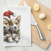 Vrolijk Kerstfeest Pembroke Welsh Corgi Puppies Theedoek (Quarter Fold)